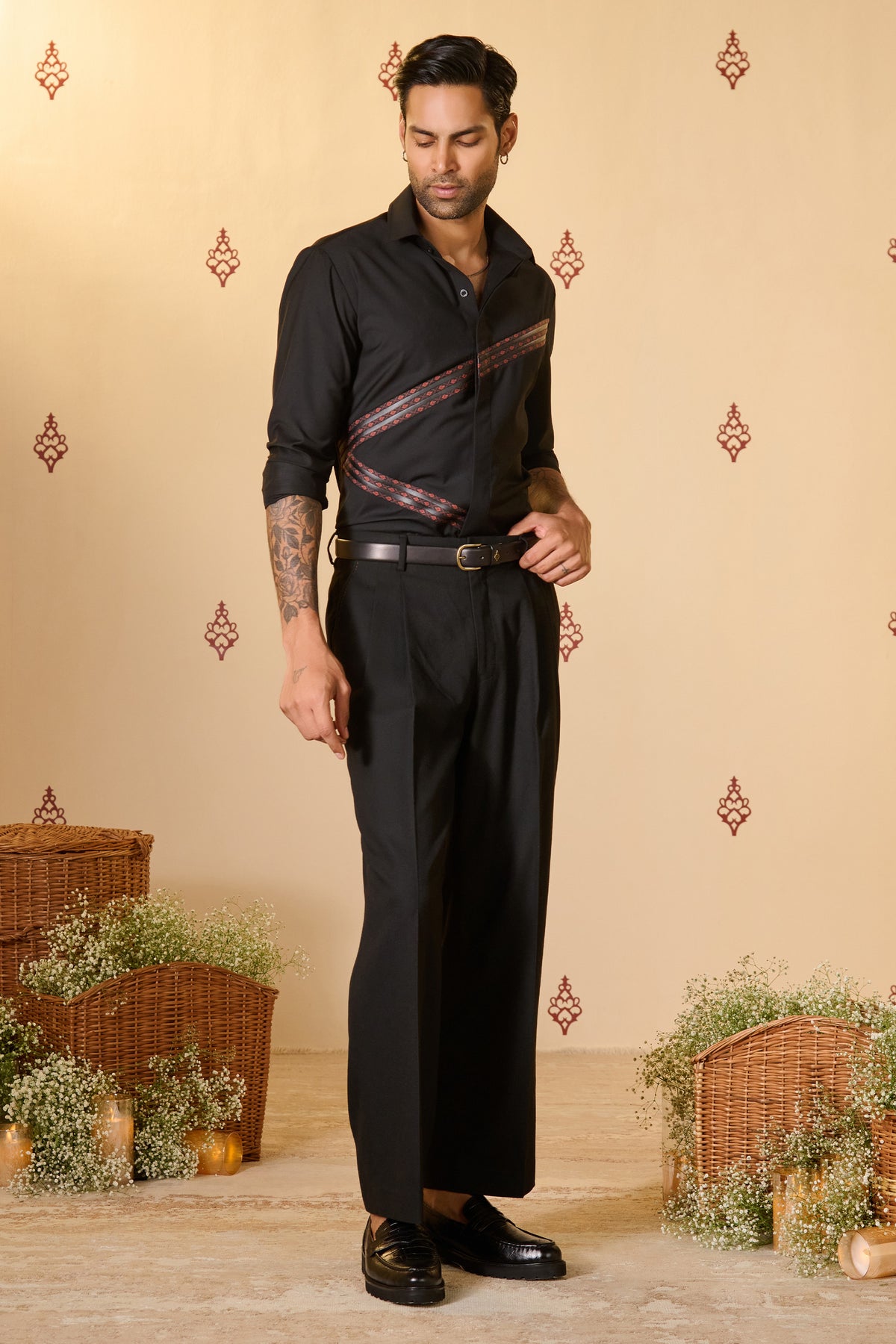 Black Shirt with Asymmetric Leather Penal