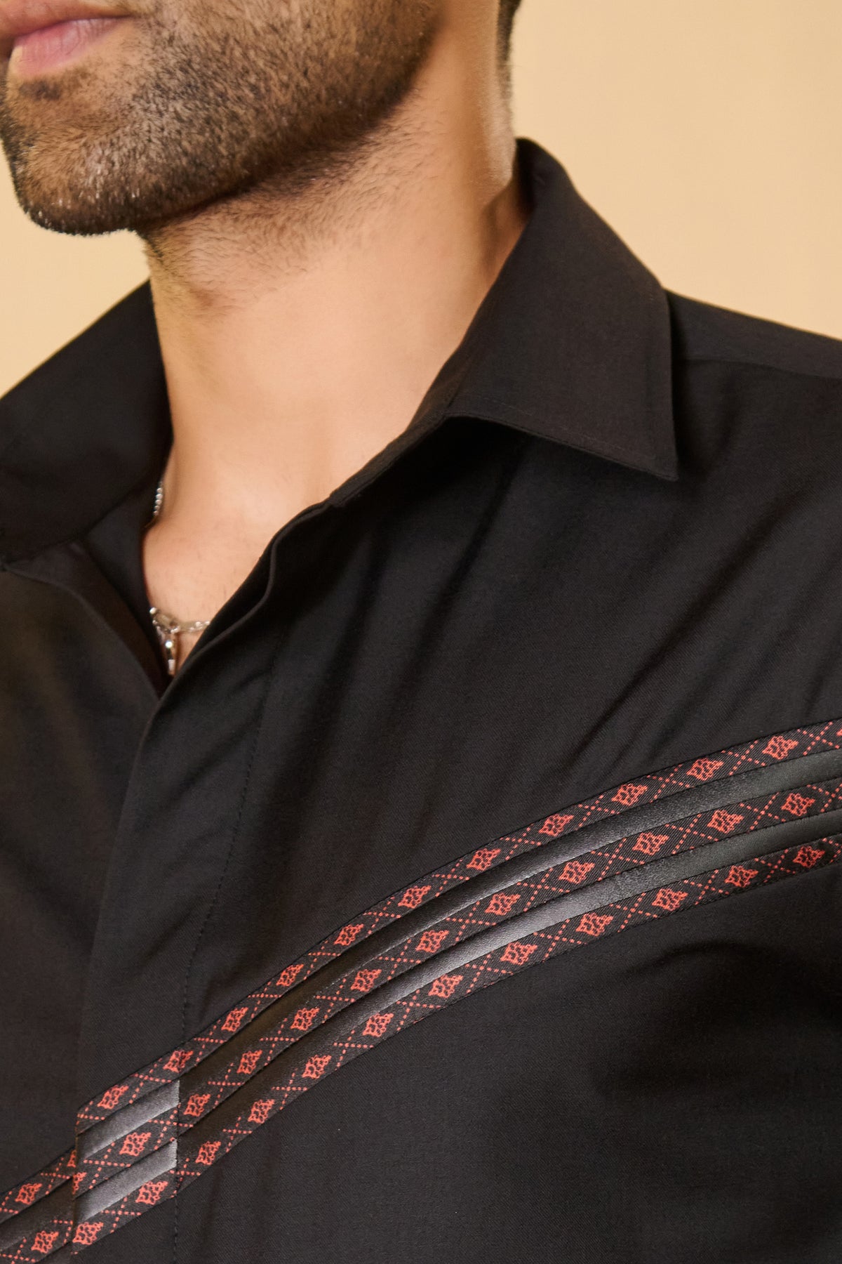 Black Shirt with Asymmetric Leather Penal