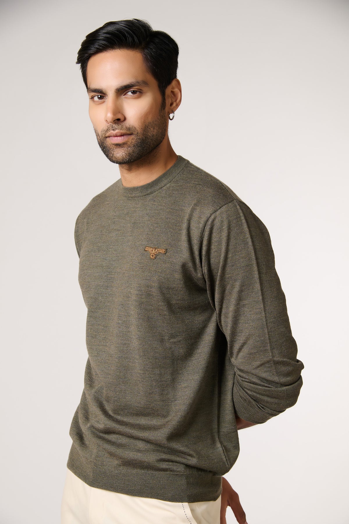 Olive Marino Wool Eagle Crested Sweater