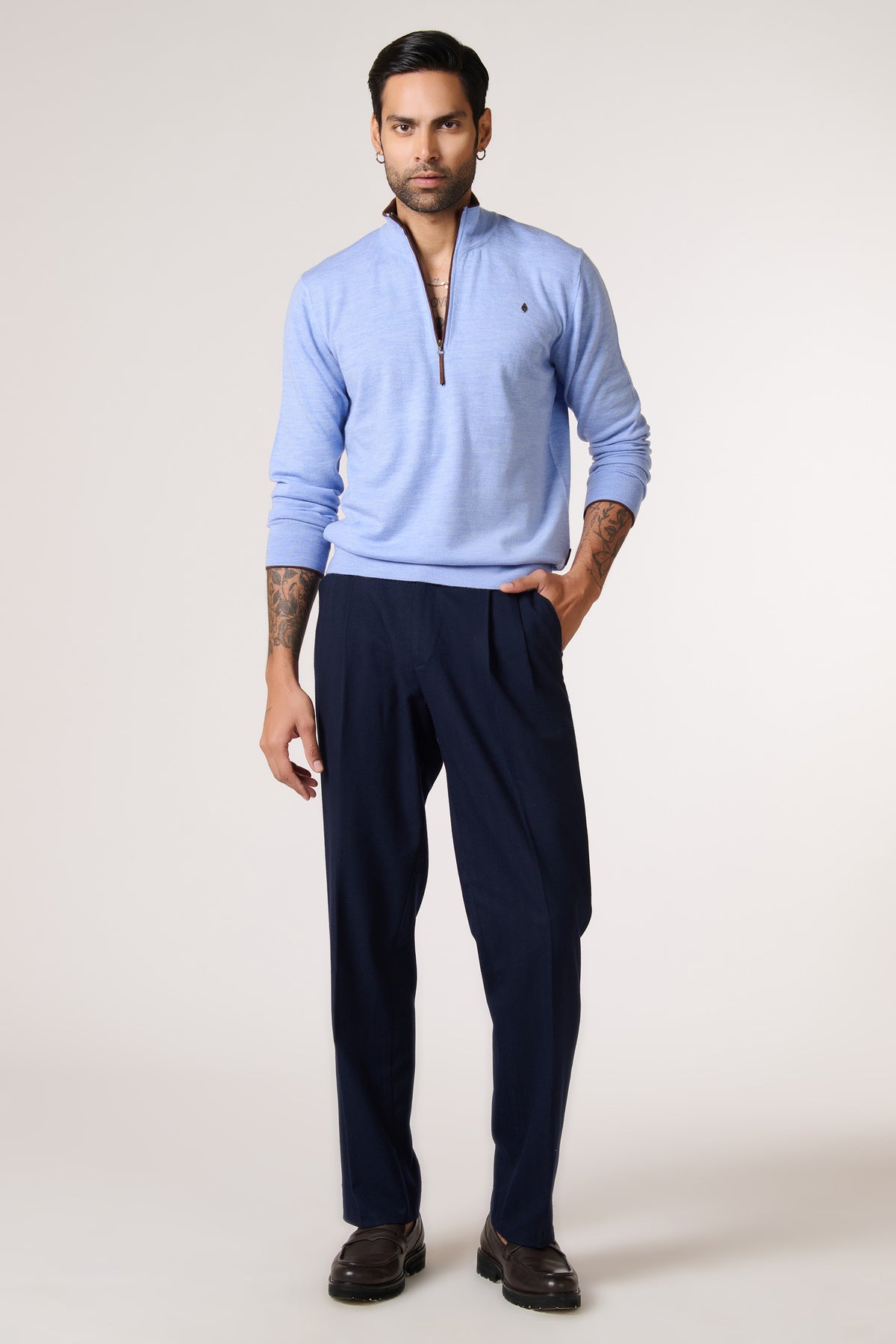 Light Blue Marino Wool Raised Neck Jumper