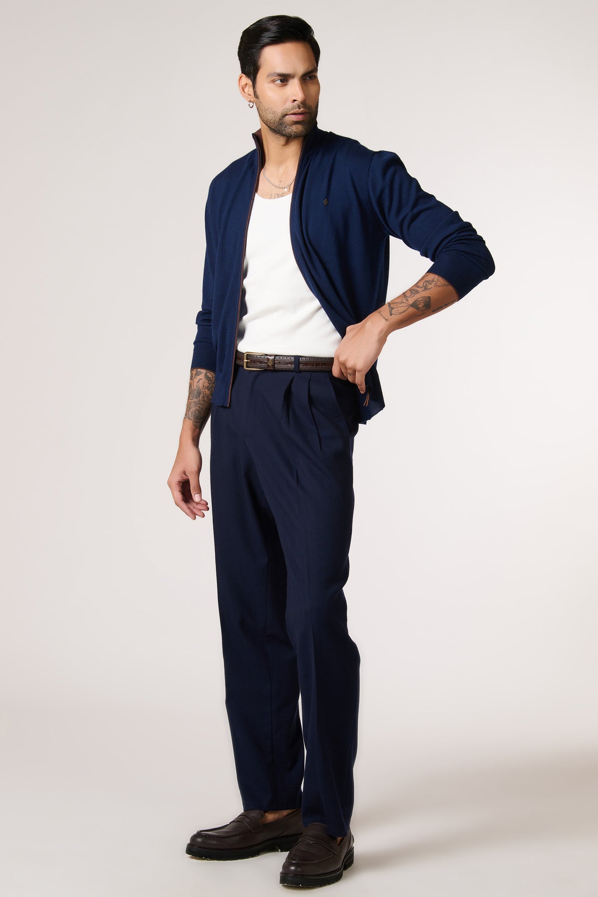 Navy Marino Wool Raised Neck Cardigan