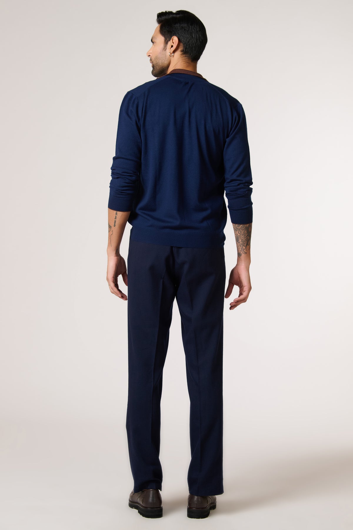 Navy Marino Wool Raised Neck Cardigan