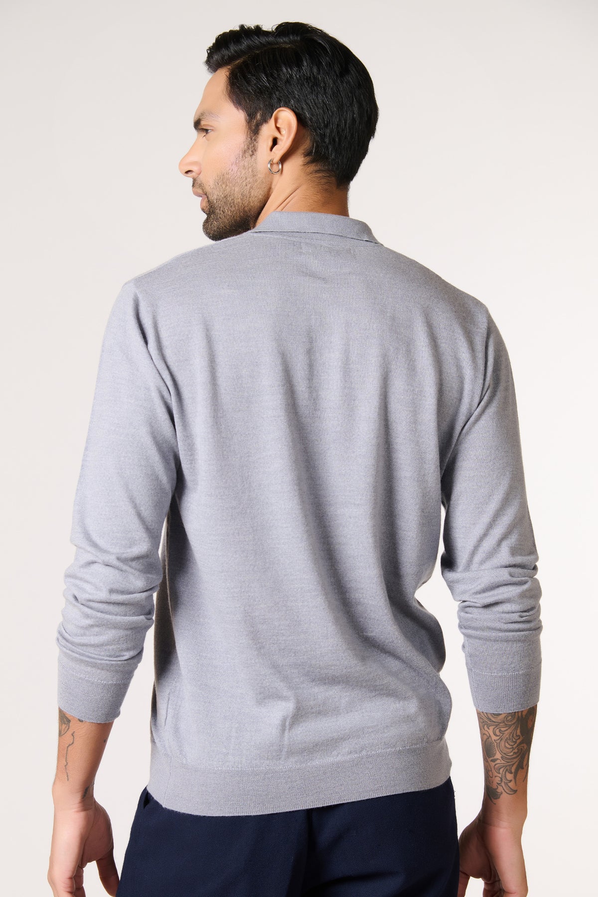 Grey Merino Wool Polo Neck Pullover