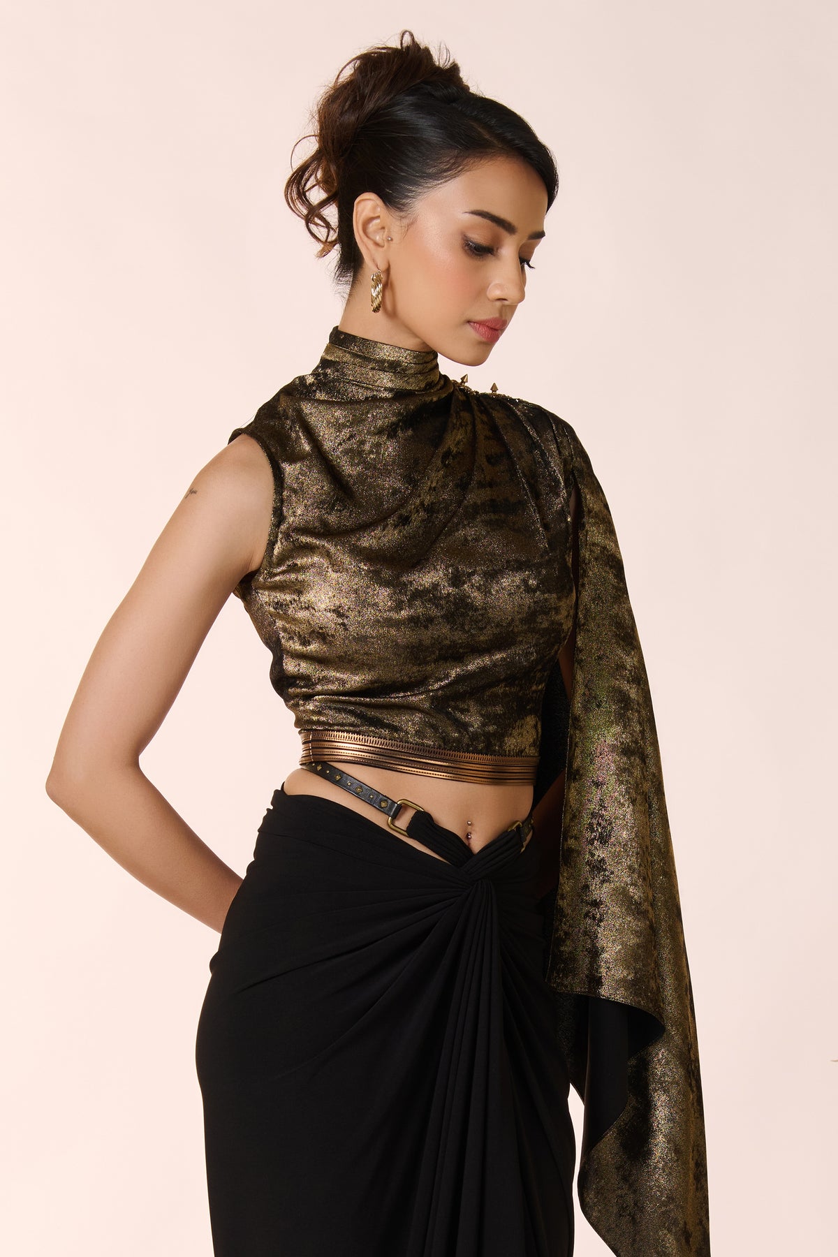 Draped Sleeve Gold Foil Crop Top