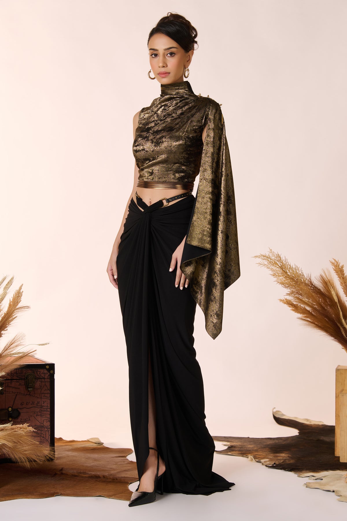 Draped Sleeve Gold Foil Crop Top