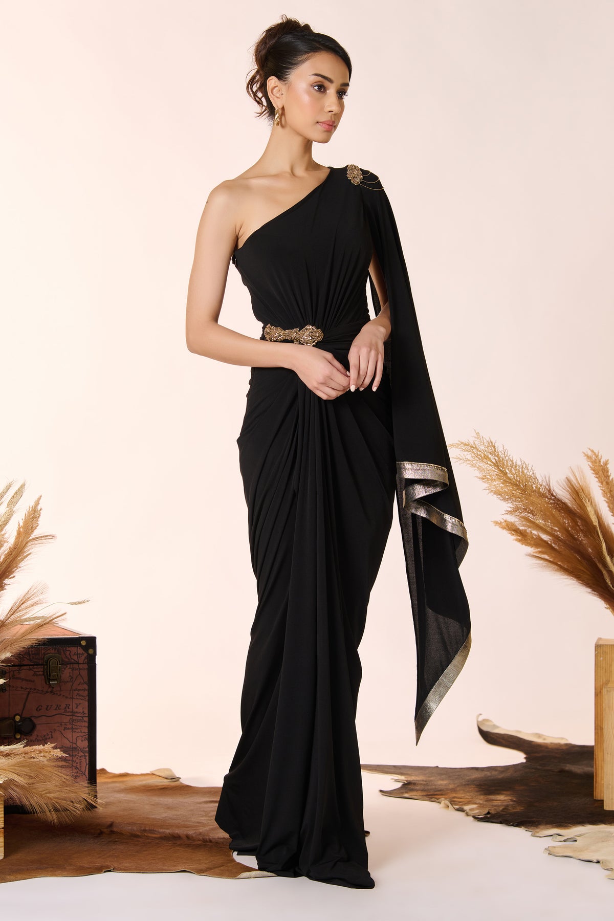 One Shoulder Draped Saree Gown