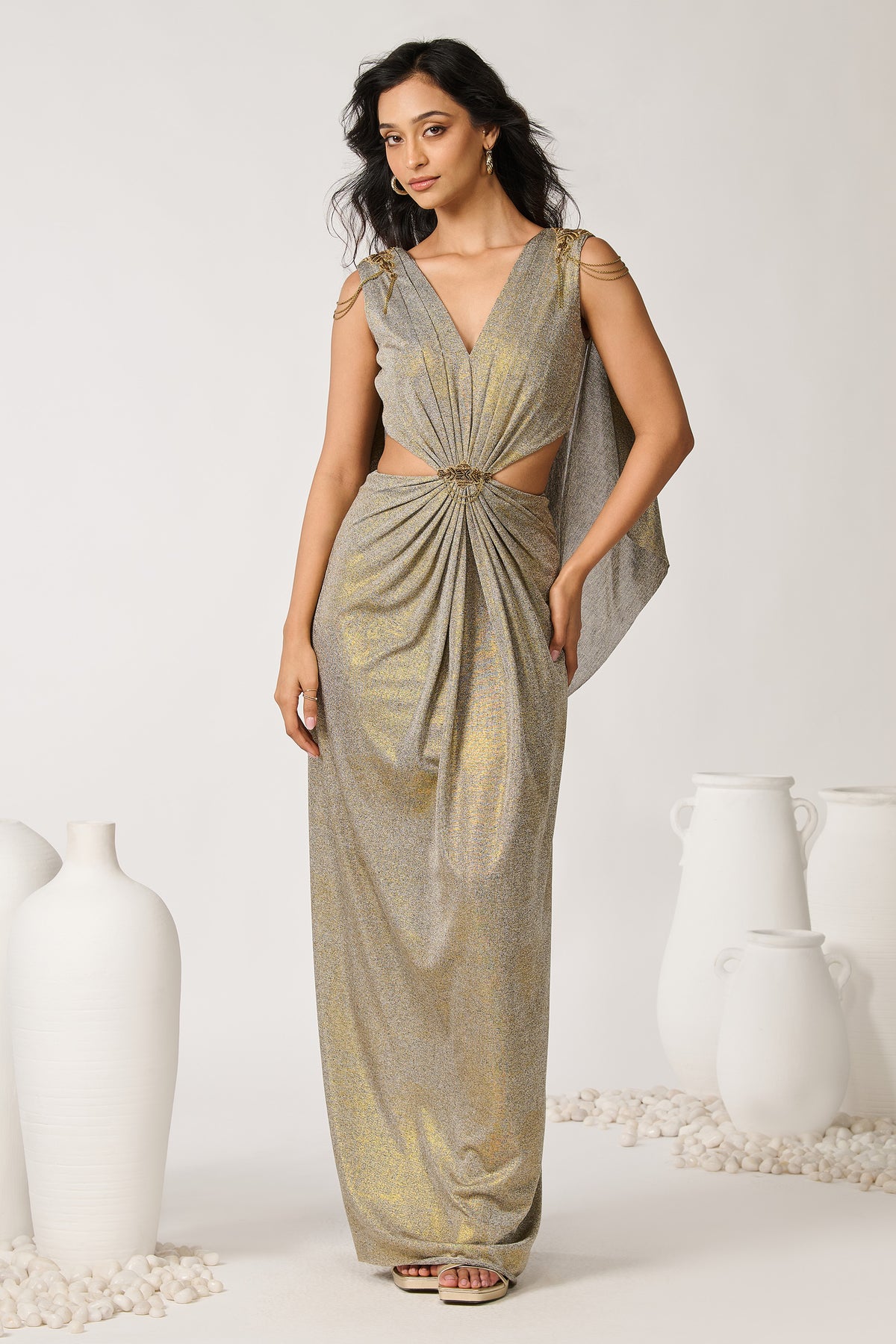 Gold Foil Cape Drape Gown