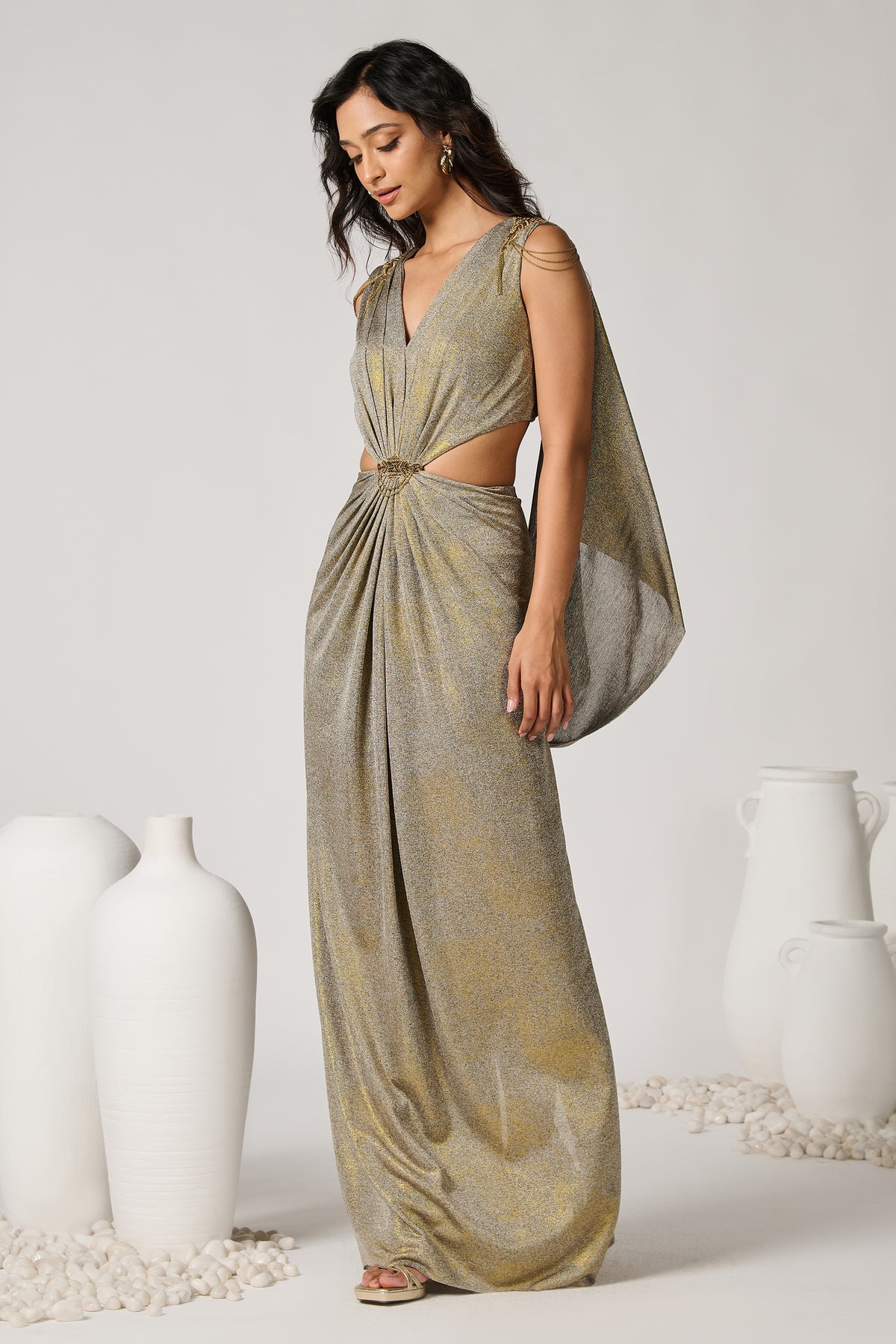 Gold Foil Cape Drape Gown