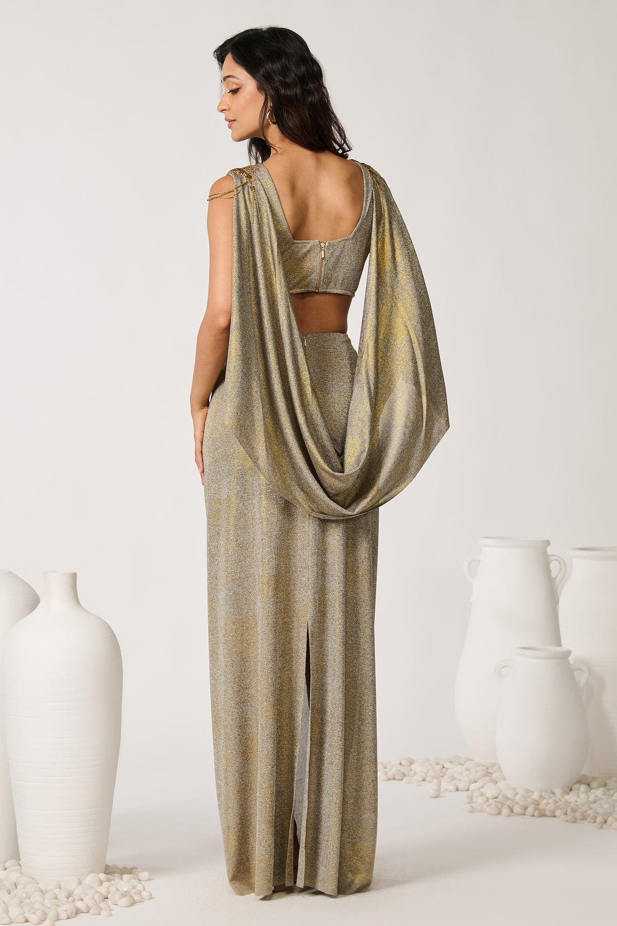 Gold Foil Cape Drape Gown