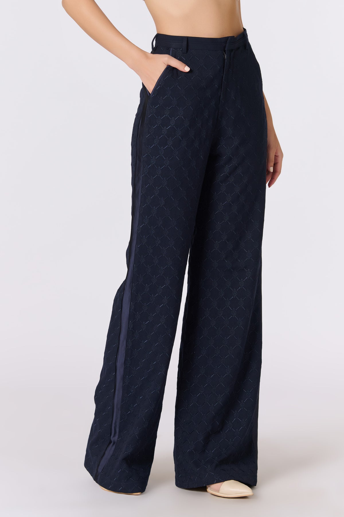 Amy Jackson in SNCC Navy Adamas Embroidered Trousers