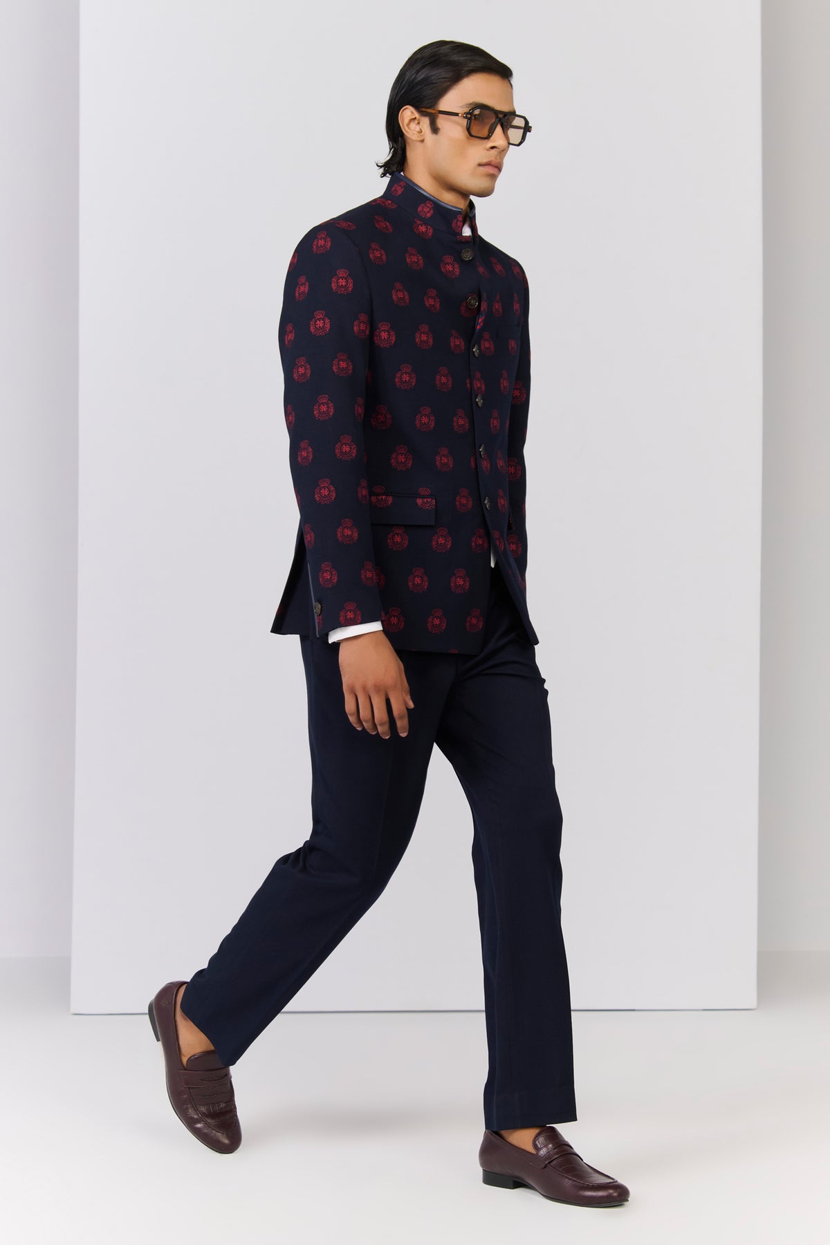 Navy crested embroidered Bandhgala