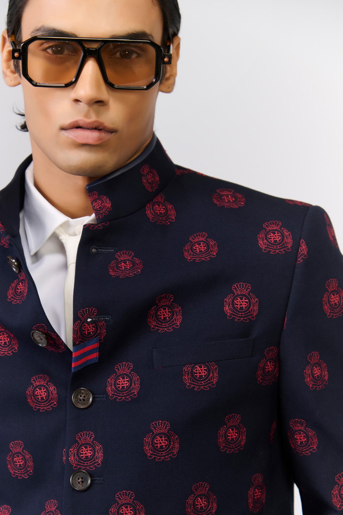 Navy crested embroidered Bandhgala