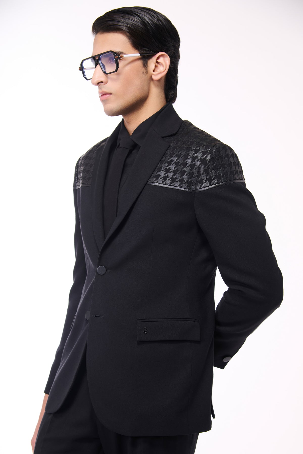 Black Jacket with Houndstooth Faux-Leather Detail