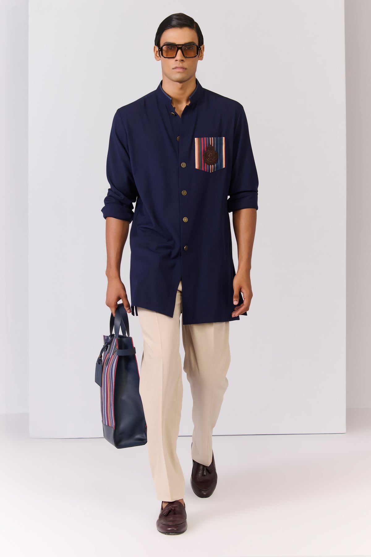 Navy Kurta with Printed Pocket