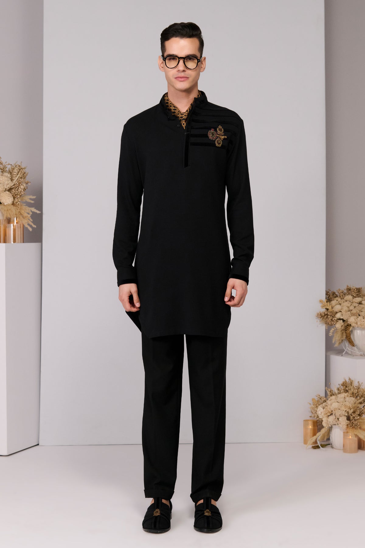 Black Kurta with Velvet Engraved Panel
