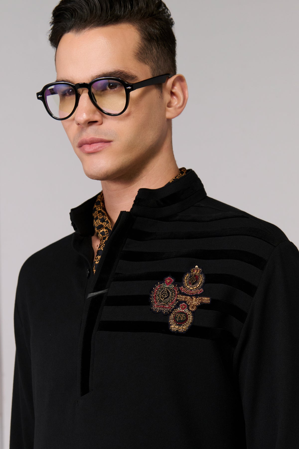 Black Kurta with Velvet Engraved Panel