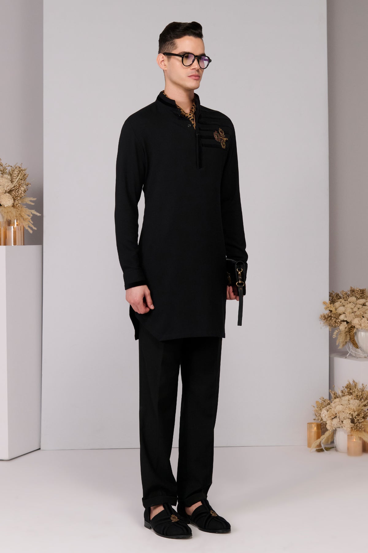 Black Kurta with Velvet Engraved Panel