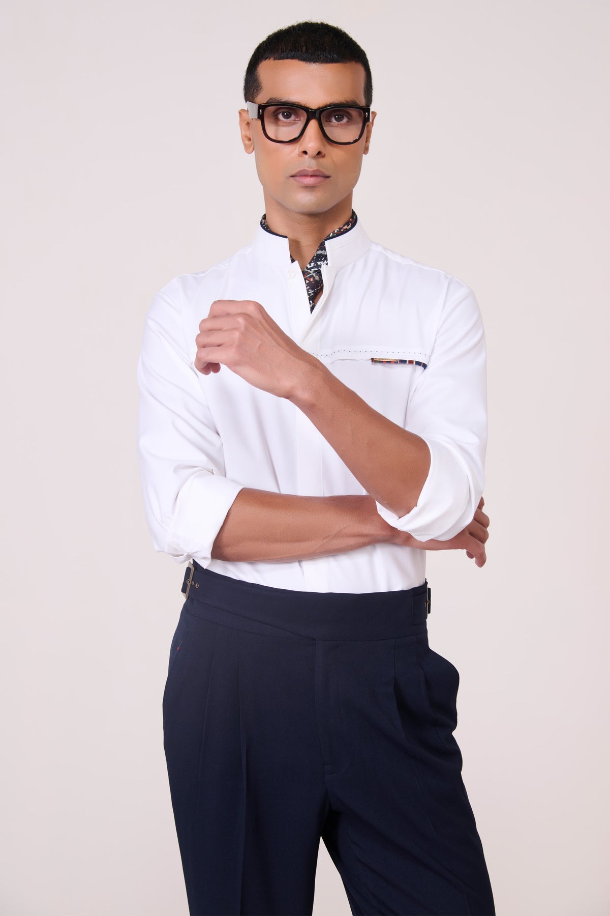 Off-White Band Collar Shirt with Thread Detail