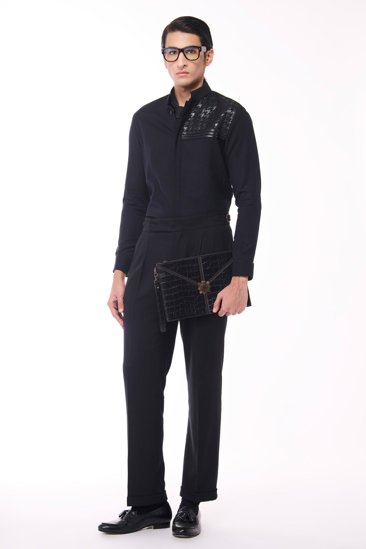 Black Shirt with Houndstooth Faux-Leather Detail