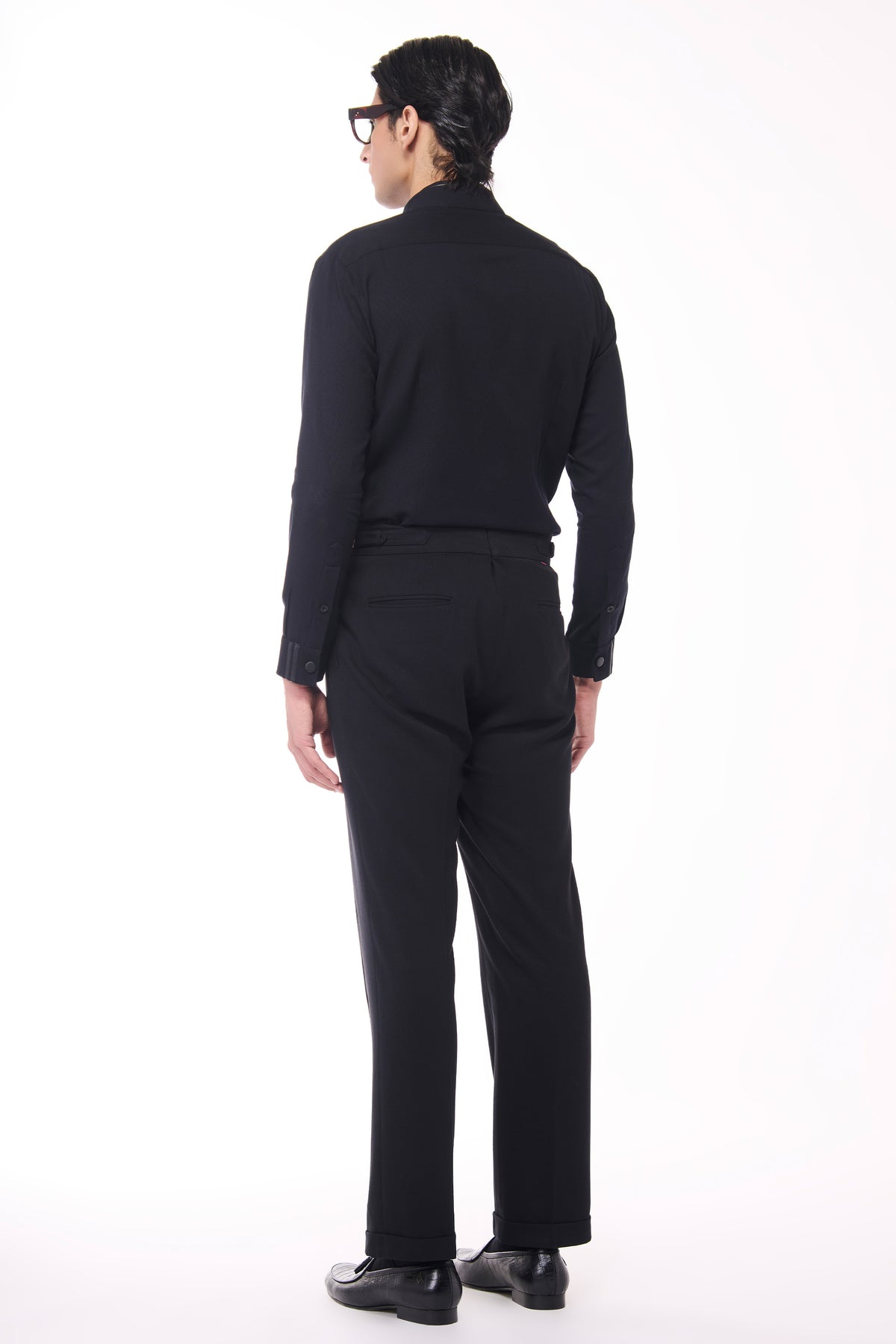 Black Shirt with Houndstooth Faux-Leather Detail