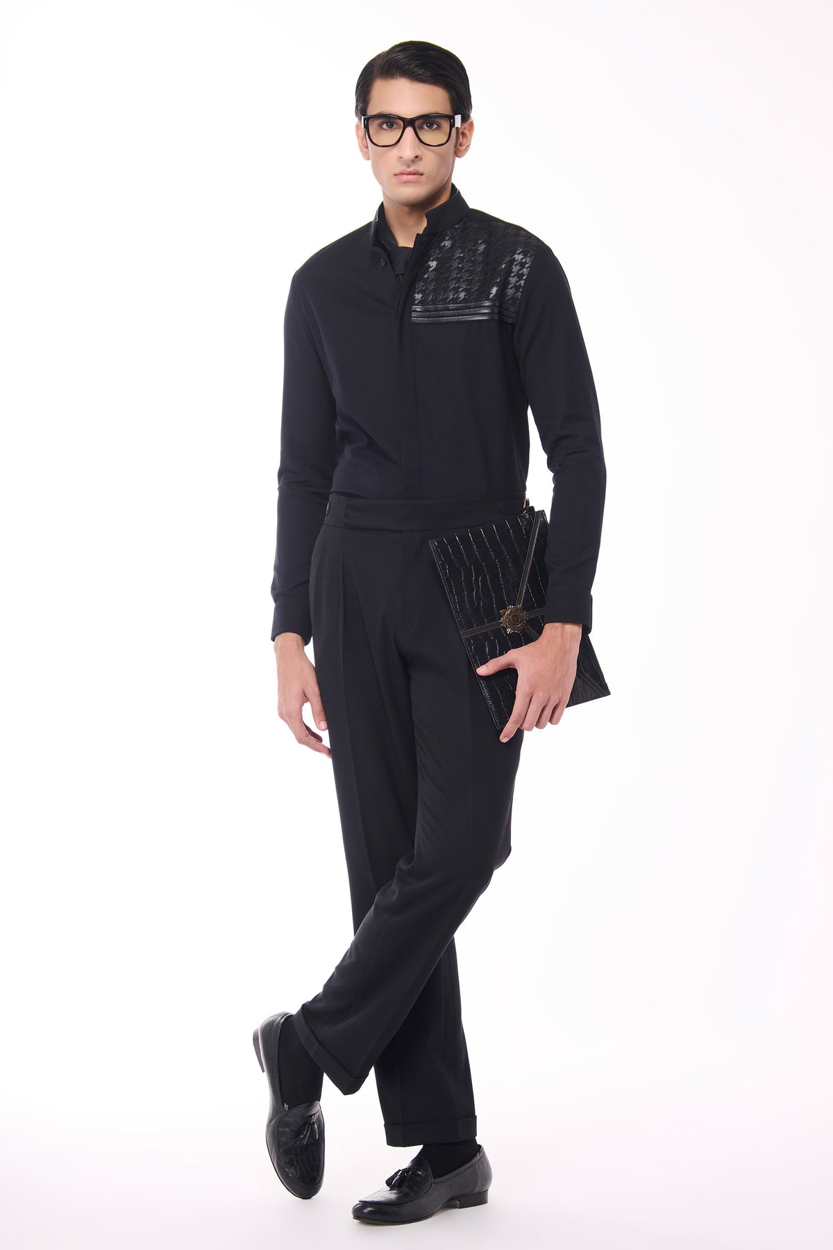 Black Shirt with Houndstooth Faux-Leather Detail