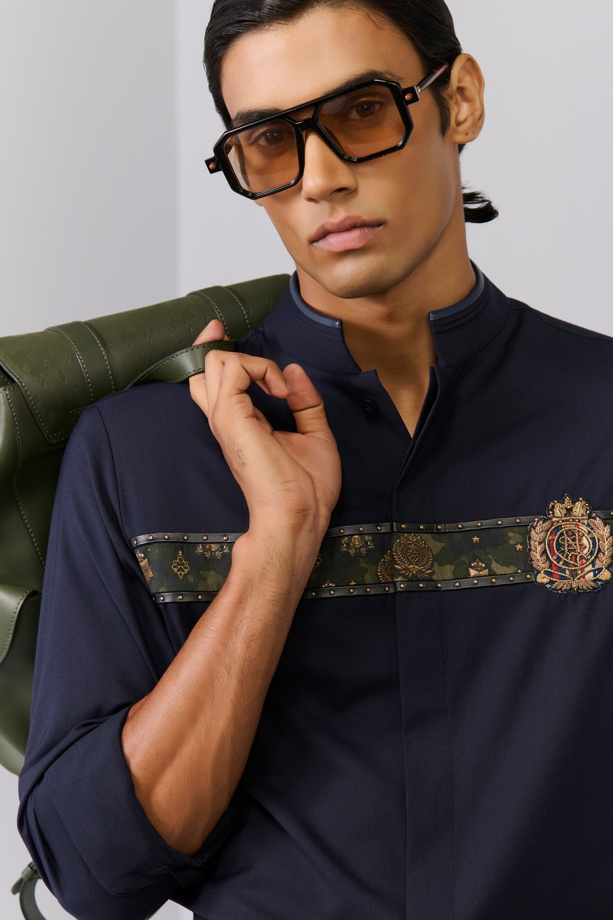 Navy Crested Shirt with Printed Engraved Panel