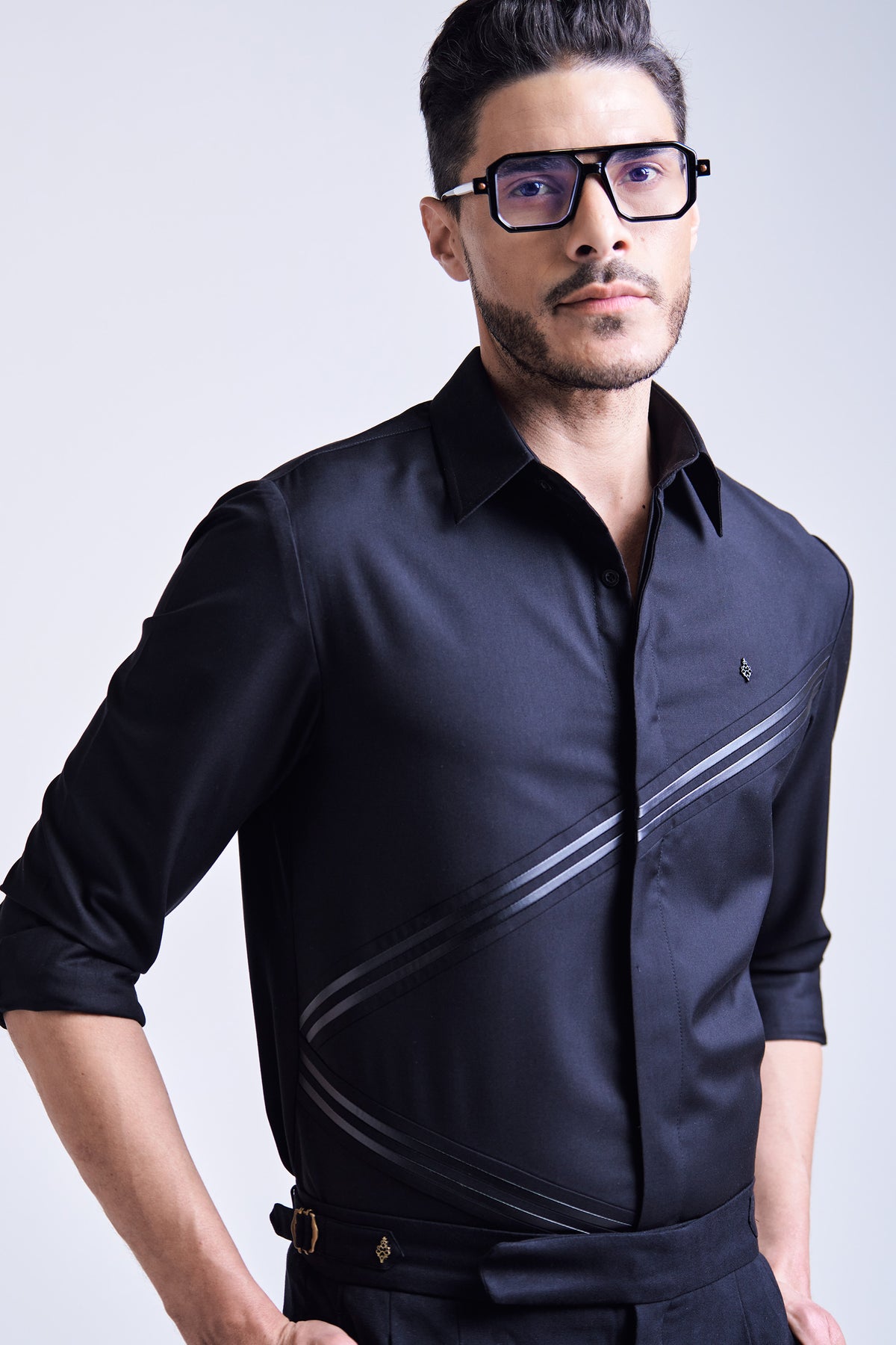 Black Cross Leather Panel Shirt