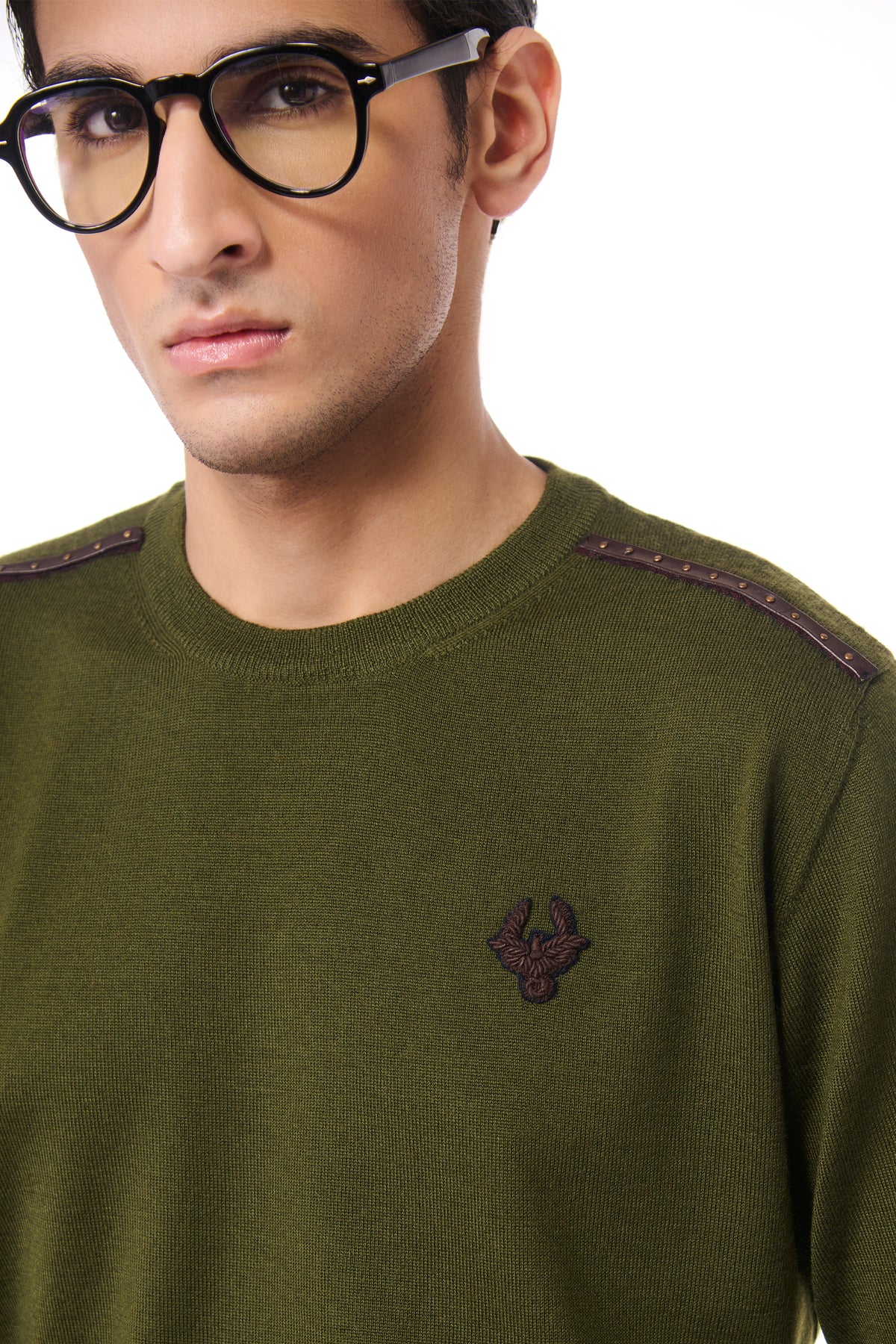 Military Green Merino Wool Crested Sweater
