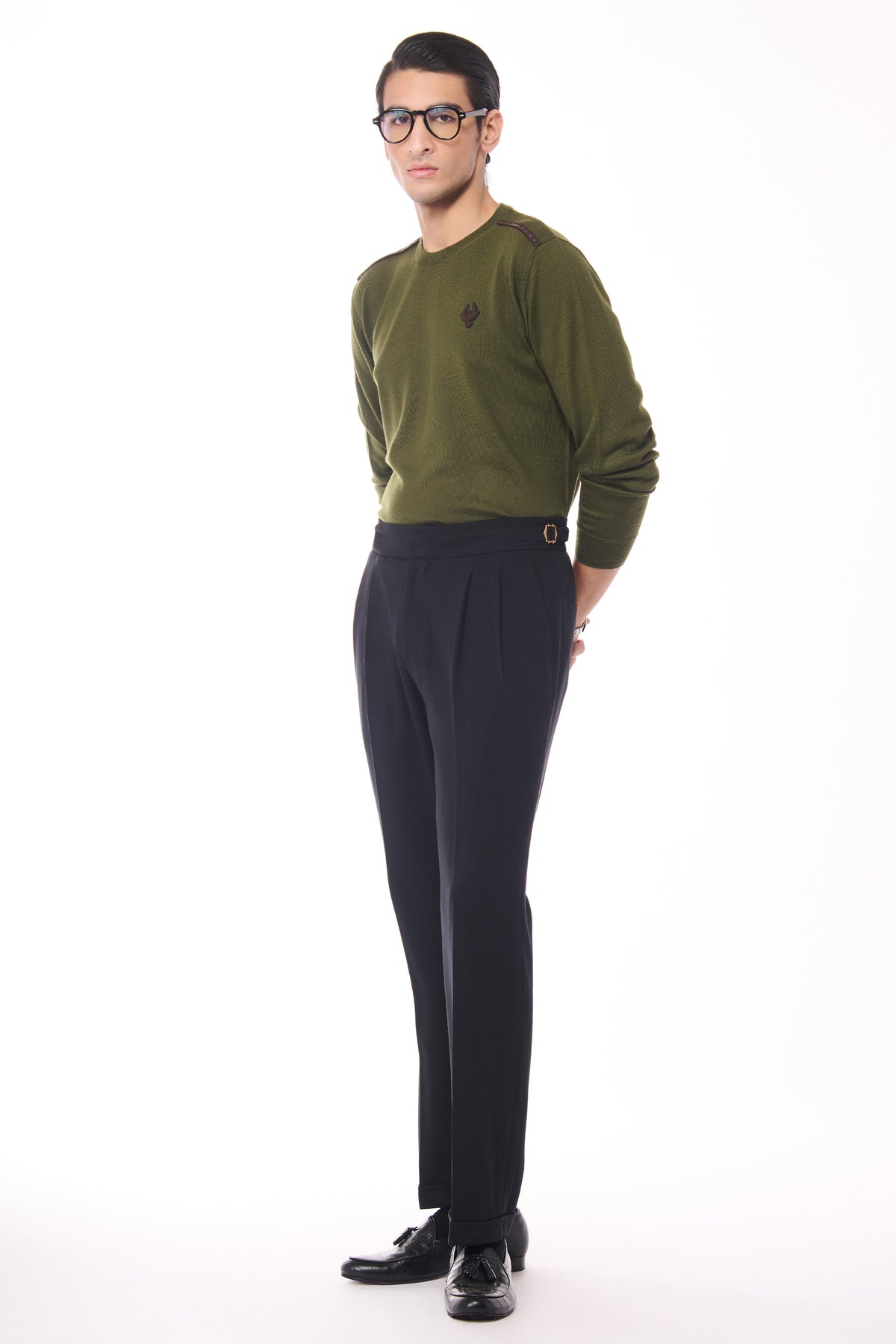 Military Green Merino Wool Crested Sweater