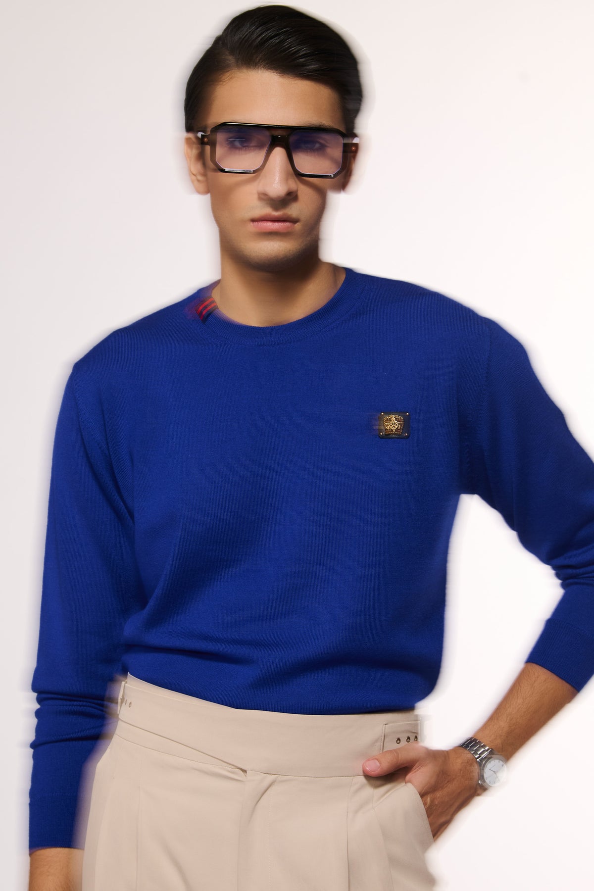 Electric Blue Merino Wool Crested Sweater