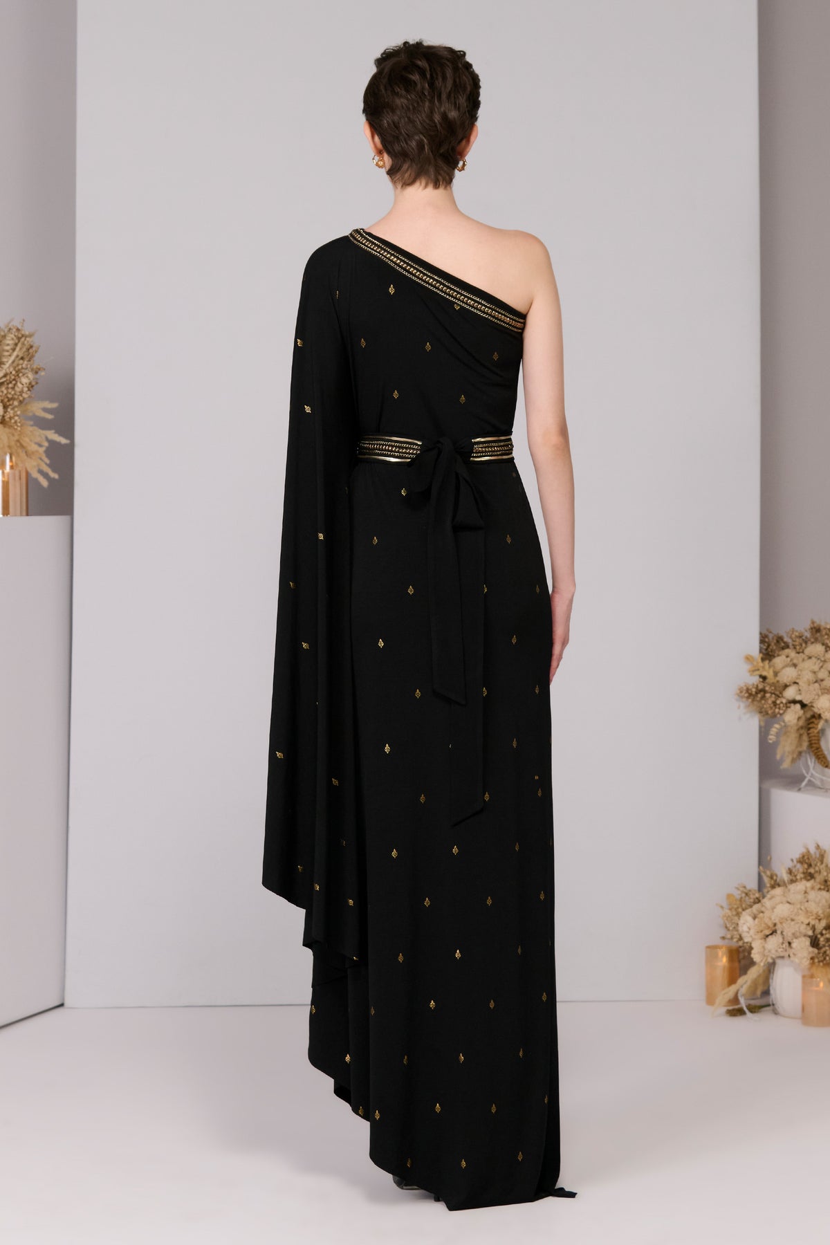 Black Adamas Printed One-Shoulder Dress