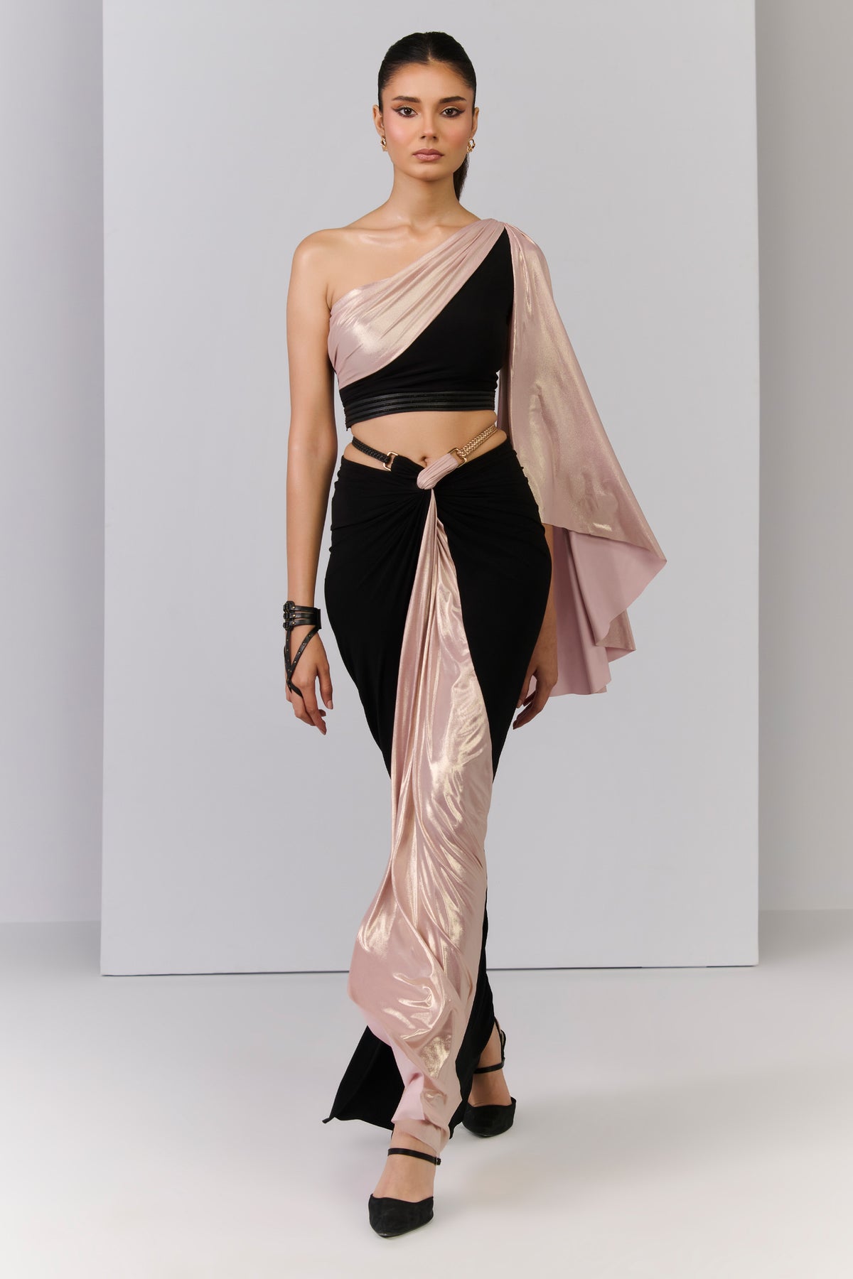 Black Crop Top with Colourblock Drape Sleeve