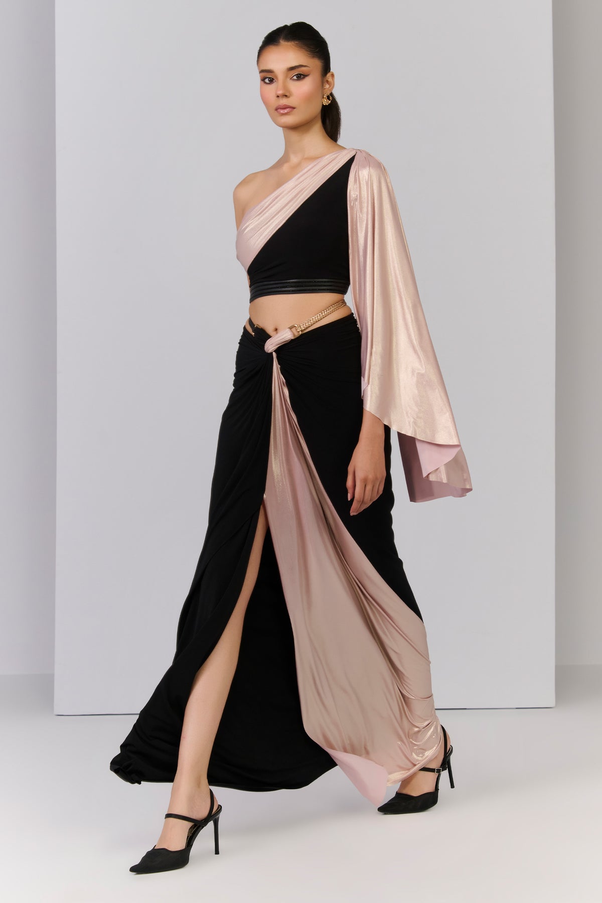 Black Crop Top with Colourblock Drape Sleeve