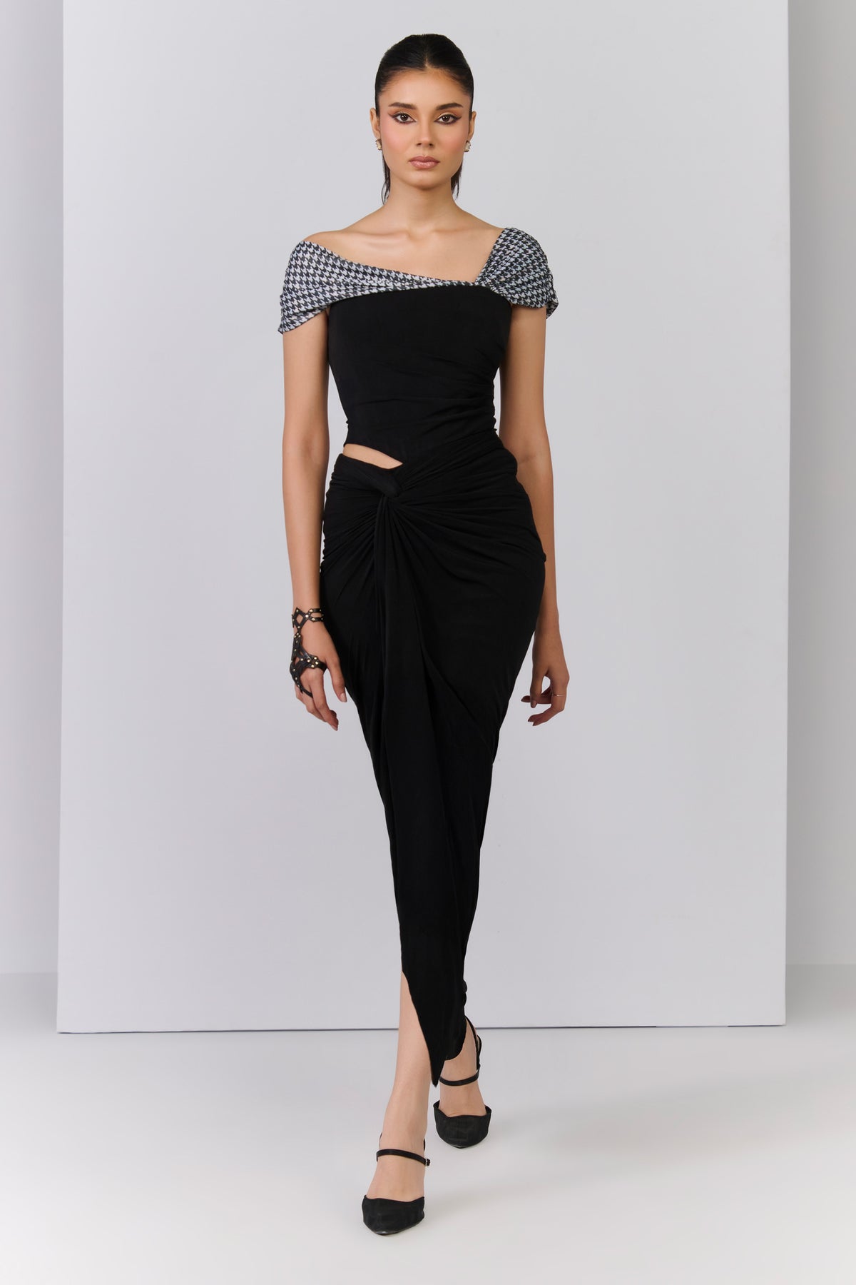 Black Crop Top with Contrast Drape Sleeve