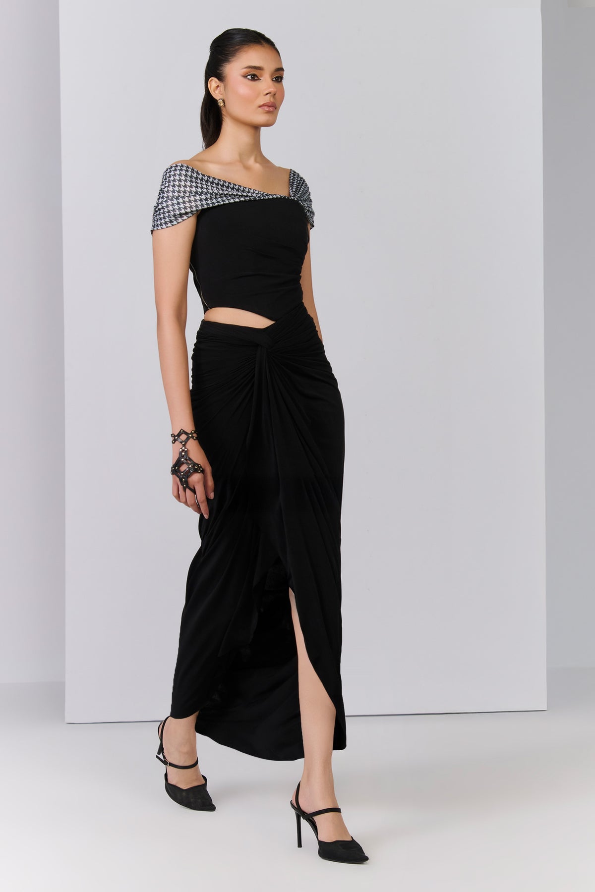 Black Crop Top with Contrast Drape Sleeve