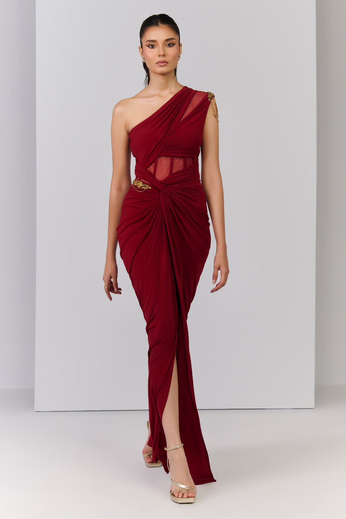 One Shoulder Corset Mesh Gown