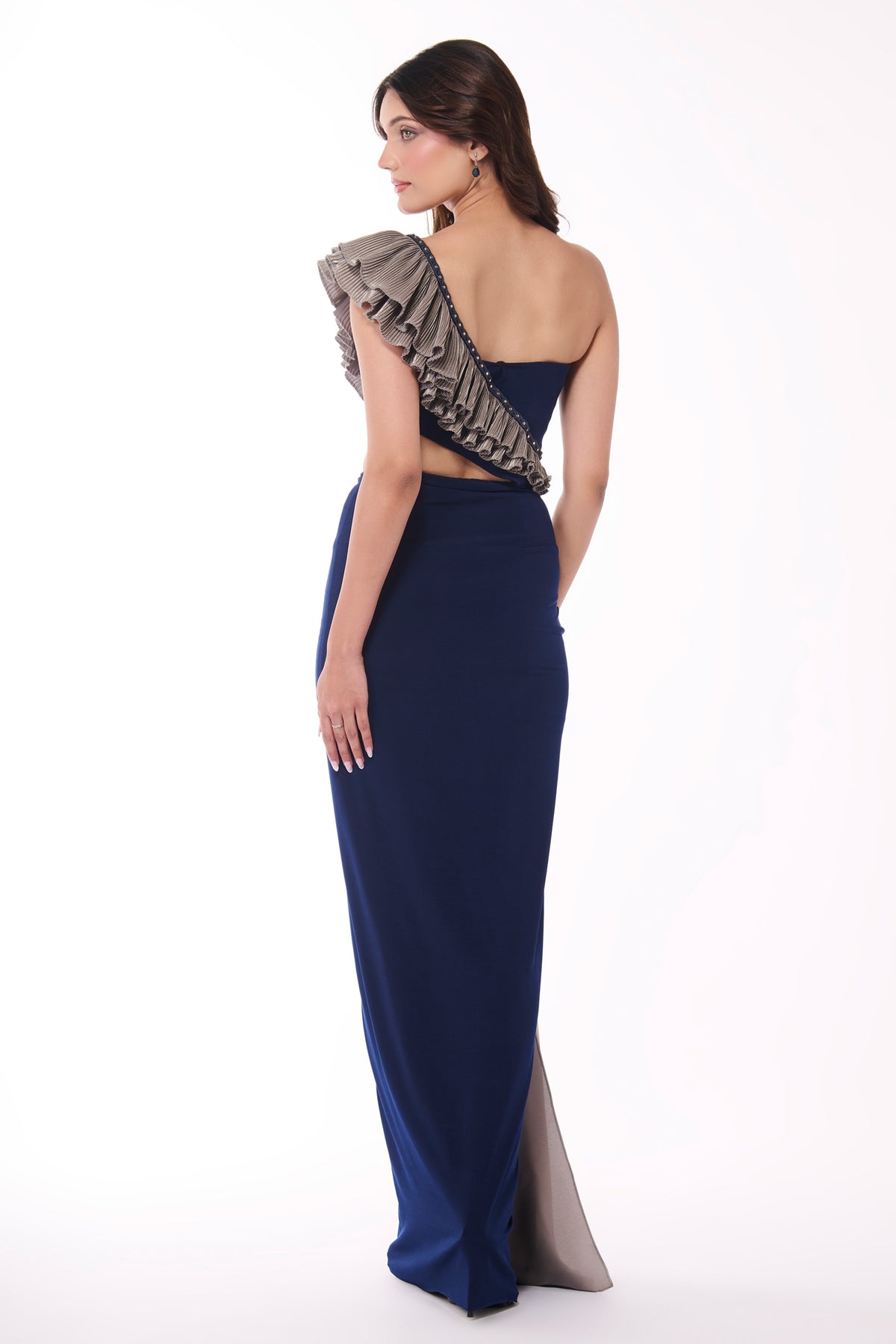 Emerald One-Shoulder Ruffle Drape Gown