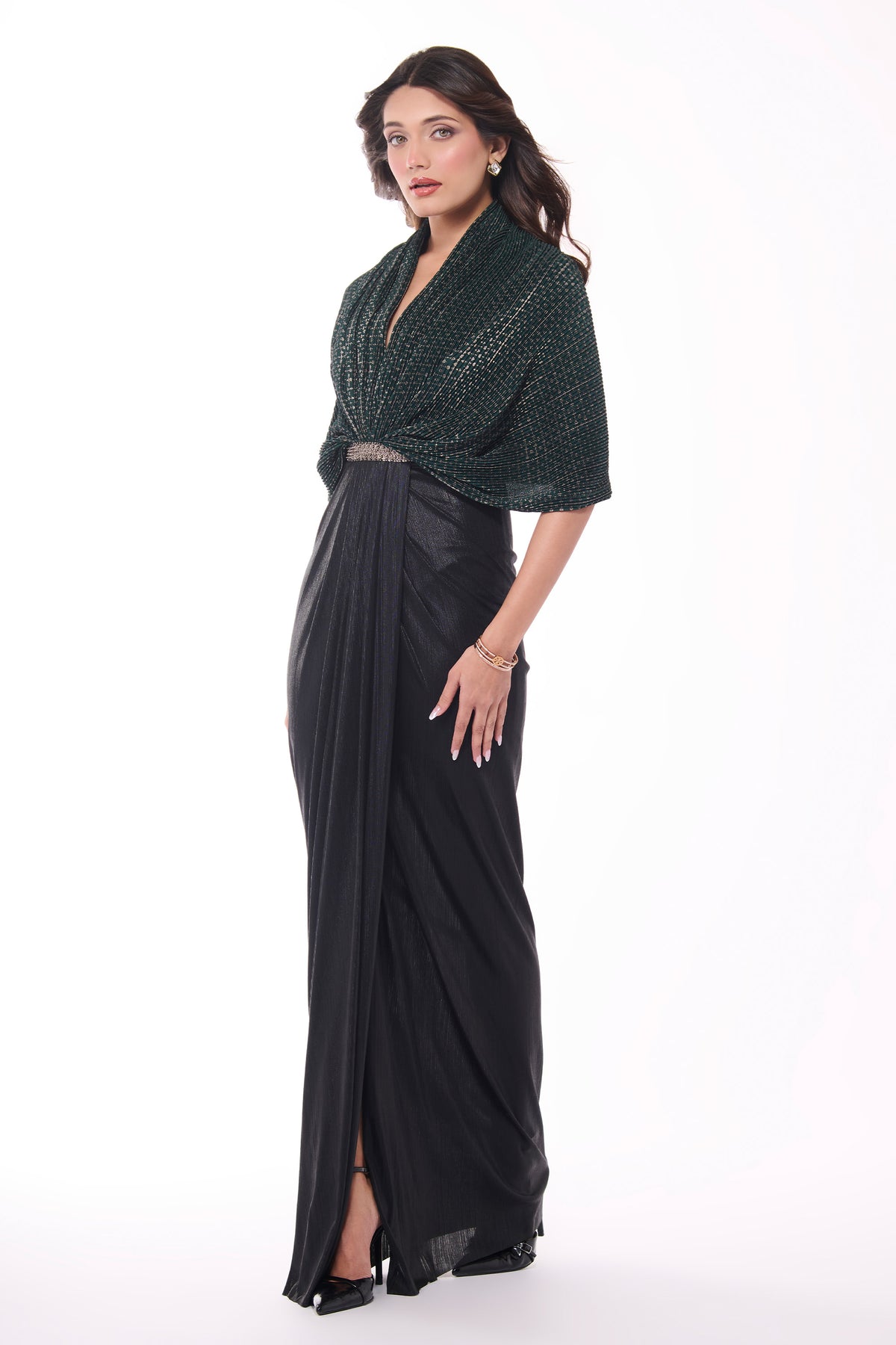 Emerald Printed Cape Saree Gown