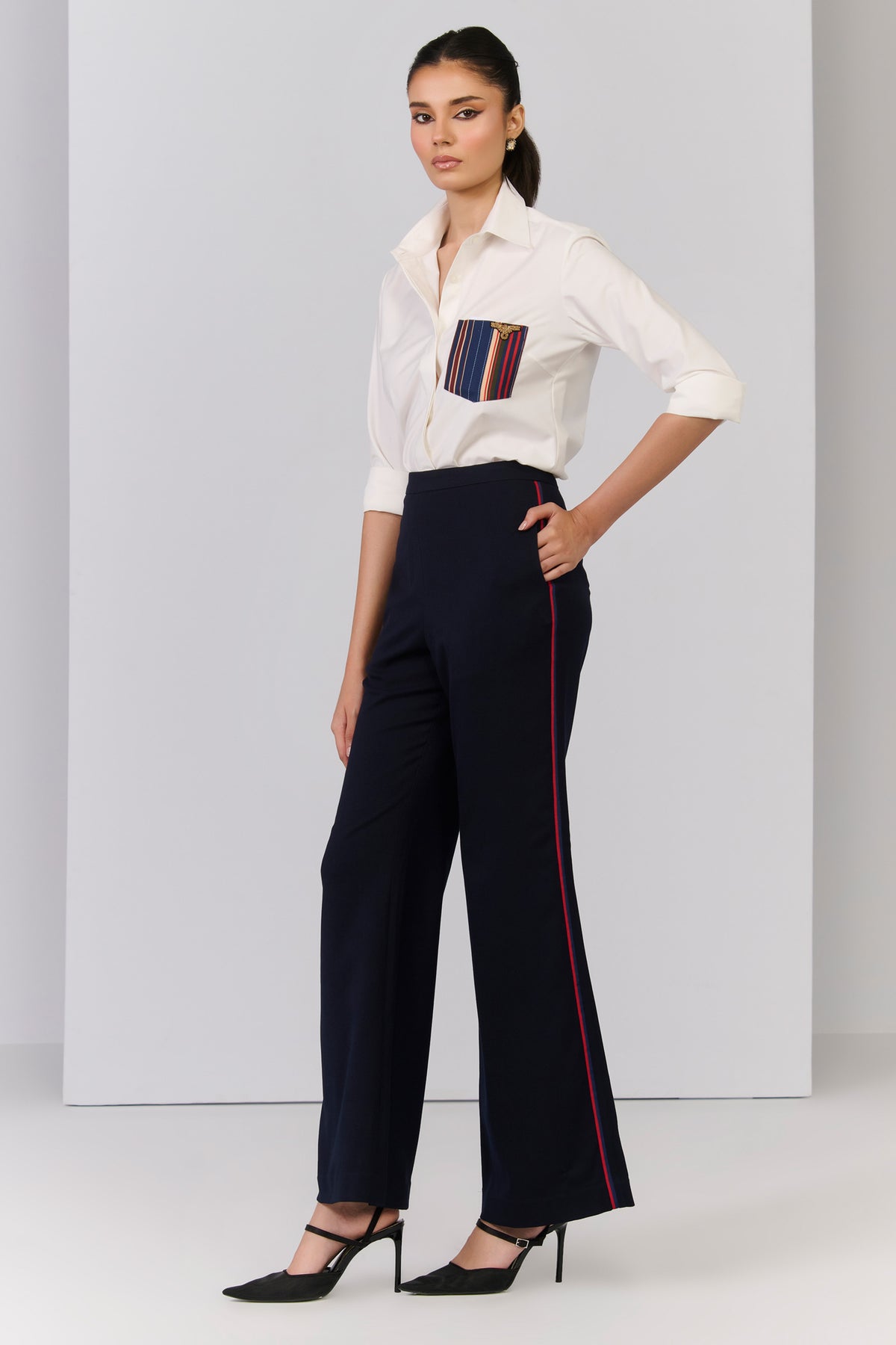 Navy Trousers with Waist Embellishment
