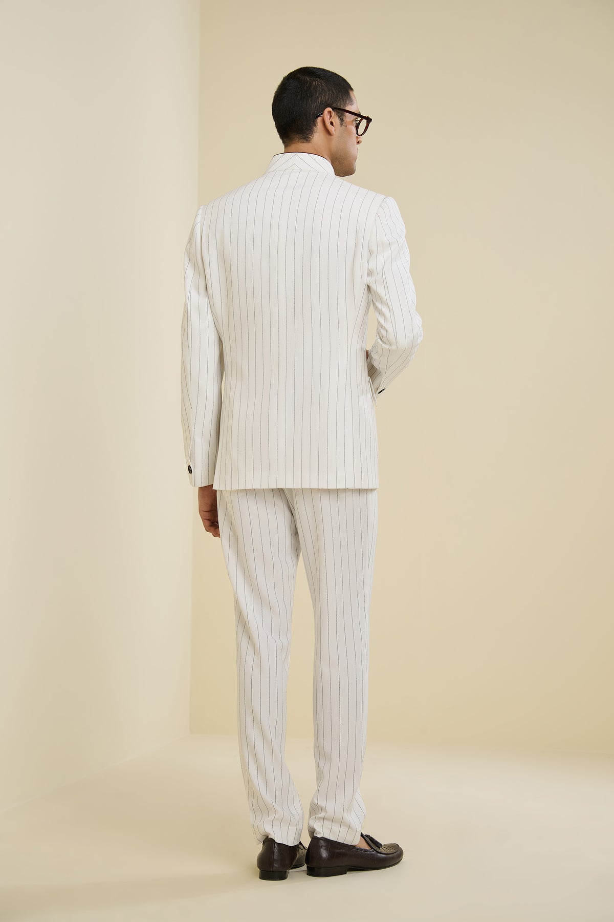 Off White Pinstriped Bandhgala