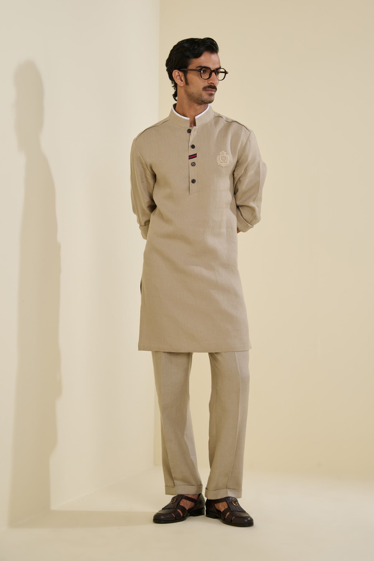 Beige Linen Crested Kurta