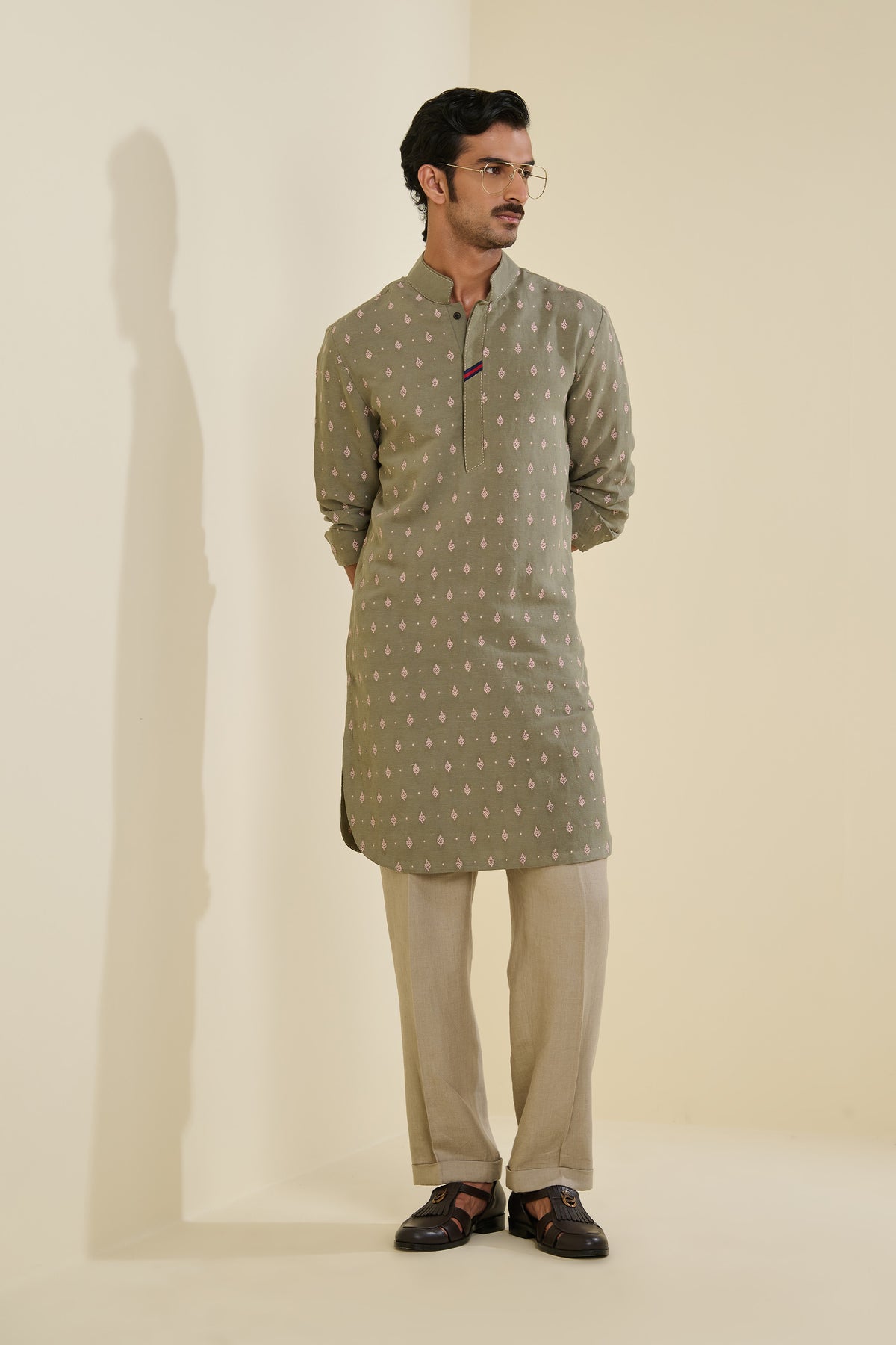 Sage Linen Kurta with Motifs