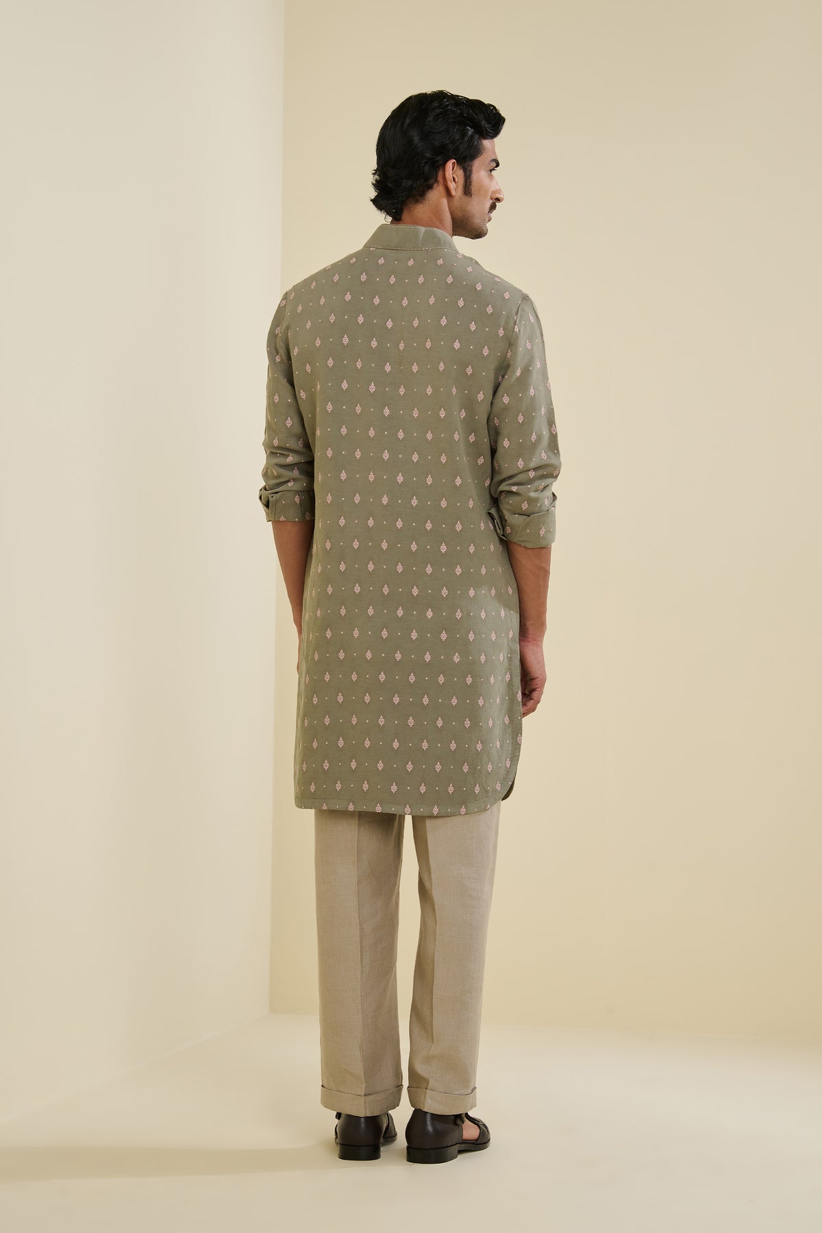 Sage Linen Kurta with Motifs