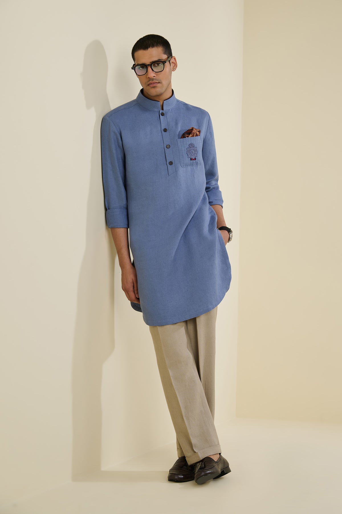 Blue Linen Crested Kurta