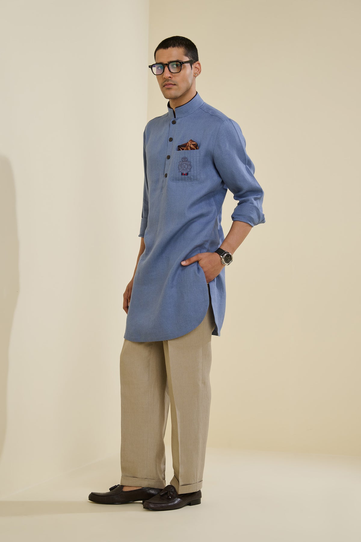 Blue Linen Crested Kurta