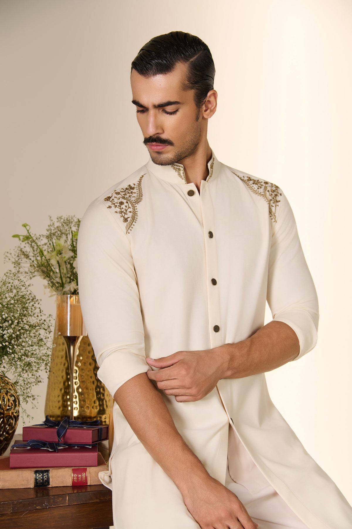 Off-white Embroidered Shoulder Kurta