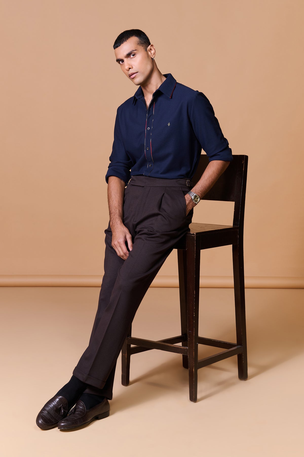 Navy Shirt with Printed Placket