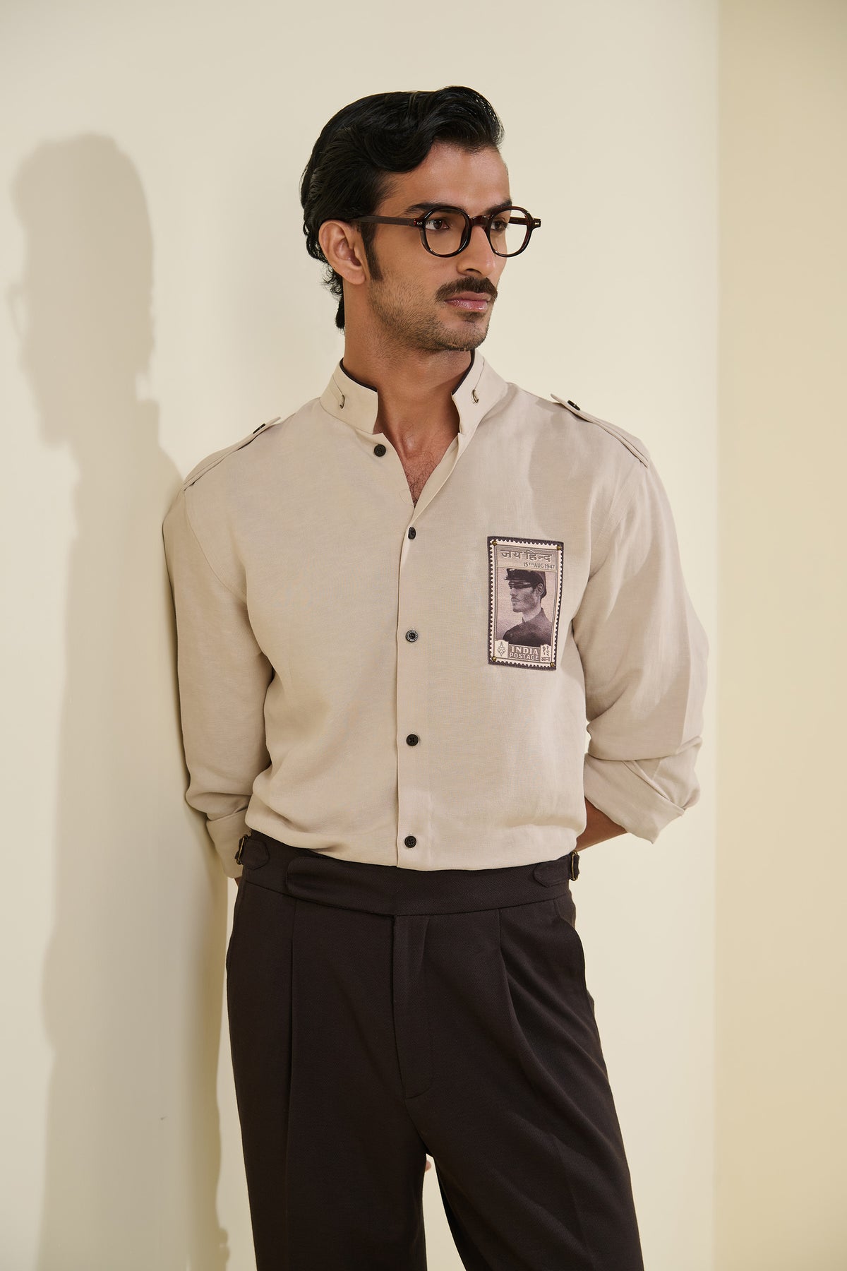 Beige Linen Shirt with Vintage Patch-Work