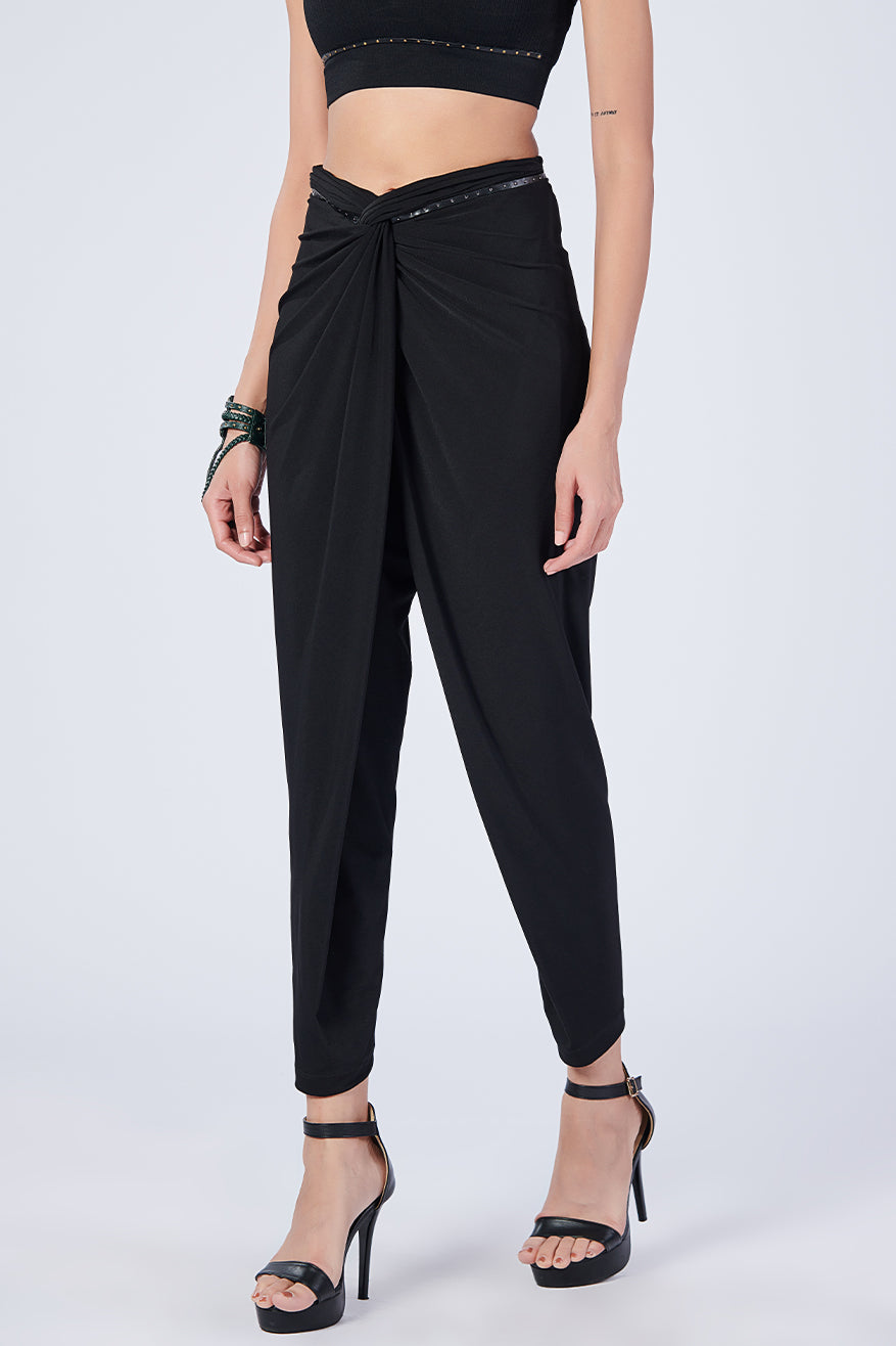 Black Overlap Drape Pants