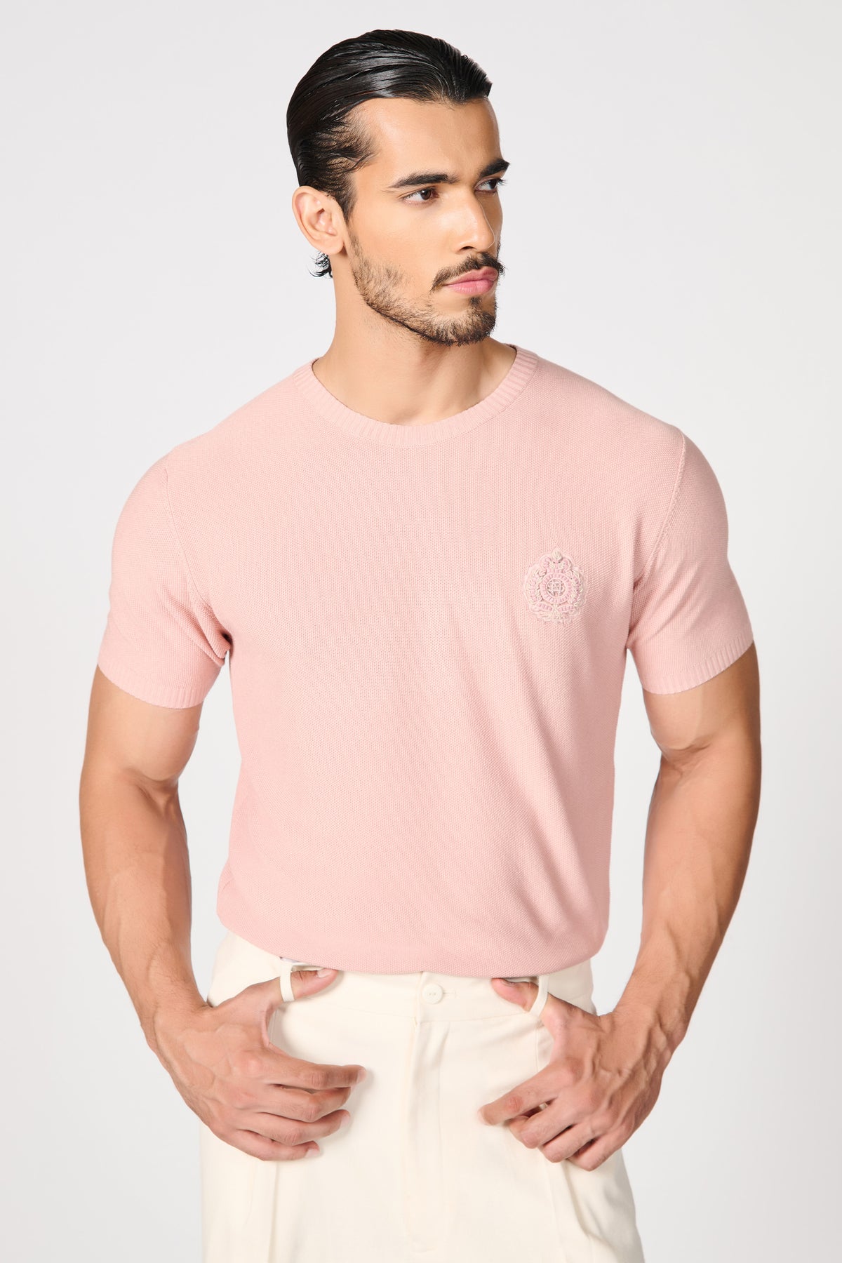 Pink Knit T-Shirt with Crest